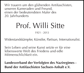 Traueranzeige von Willi Sitte von Mitteldeutsche Zeitung Halle/Saalkreis