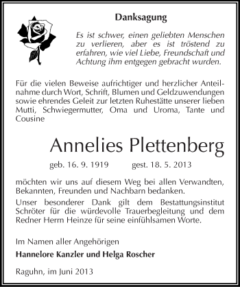 Traueranzeige von Annelies Plettenberg von Mitteldeutsche Zeitung Bitterfeld