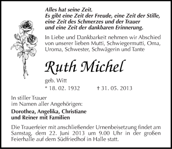Traueranzeige von Ruth Michel von Mitteldeutsche Zeitung Halle/Saalkreis