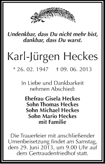 Traueranzeige von Karl-Jürgen Heckes von Mitteldeutsche Zeitung Halle/Saalkreis