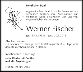 Traueranzeige von Werner Fischer von Mitteldeutsche Zeitung Aschersleben
