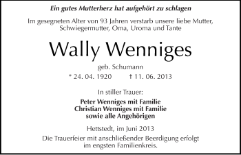 Traueranzeige von Wally Wenniges von Mitteldeutsche Zeitung Aschersleben