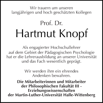Traueranzeige von Hartmut Knopf von Mitteldeutsche Zeitung Halle/Saalkreis