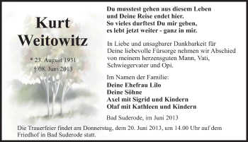 Traueranzeige von Kurt Weitowitz von Mitteldeutsche Zeitung Quedlinburg