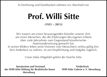 Traueranzeige von Willi Sitte von Mitteldeutsche Zeitung