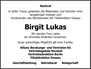 Traueranzeige von Birgit Lukas von Mitteldeutsche Zeitung
