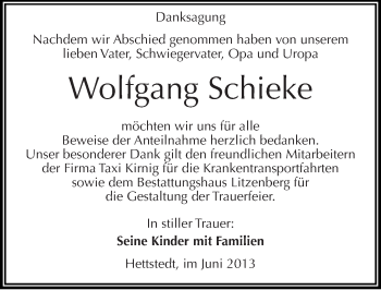 Traueranzeige von Wolfgang Schieke von Mitteldeutsche Zeitung Aschersleben