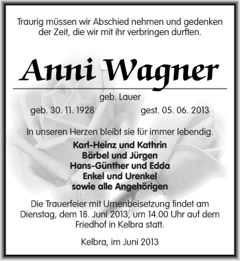 Traueranzeige von Anni Wagner von Mitteldeutsche Zeitung Sangerhausen