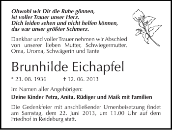Traueranzeige von Brunhilde Eichapfel von Mitteldeutsche Zeitung Halle/Saalkreis