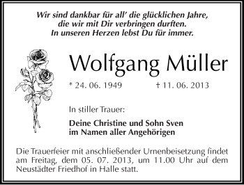 Traueranzeige von Wolfgang Müller von Mitteldeutsche Zeitung Halle/Saalkreis