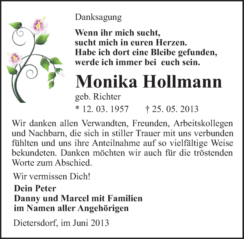  Traueranzeige für Monika Hollmann vom 15.06.2013 aus Mitteldeutsche Zeitung Sangerhausen