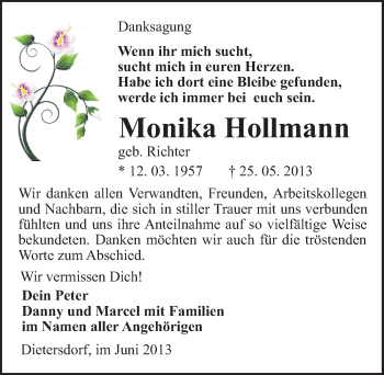 Traueranzeige von Monika Hollmann von Mitteldeutsche Zeitung Sangerhausen