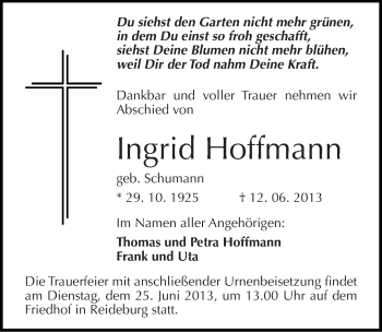 Traueranzeige von Ingrid Hoffmann von Mitteldeutsche Zeitung Halle/Saalkreis