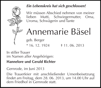 Traueranzeige von Annemarie Bäsel von Mitteldeutsche Zeitung Quedlinburg