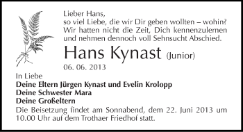 Traueranzeige von Hans Kynast von Mitteldeutsche Zeitung Halle/Saalkreis