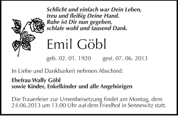 Traueranzeige von Emil Göbl von Mitteldeutsche Zeitung Halle/Saalkreis