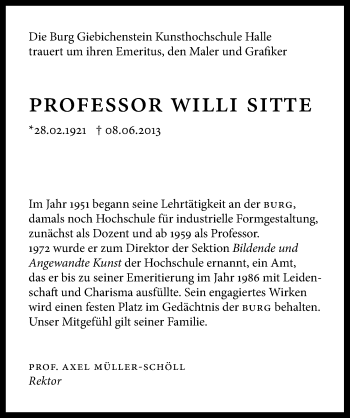 Traueranzeige von Willi Sitte von Mitteldeutsche Zeitung Halle/Saalkreis