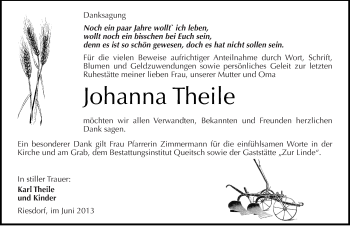 Traueranzeige von Johanna Theile von Mitteldeutsche Zeitung Köthen