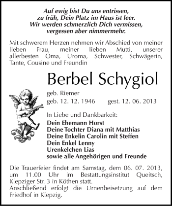Traueranzeige von Berbel Schygiol von Mitteldeutsche Zeitung Köthen