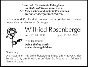 Traueranzeige von Wilfried Rosenberger von Mitteldeutsche Zeitung Naumburg/Nebra