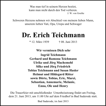 Traueranzeige von Erich Teichmann von Mitteldeutsche Zeitung Quedlinburg