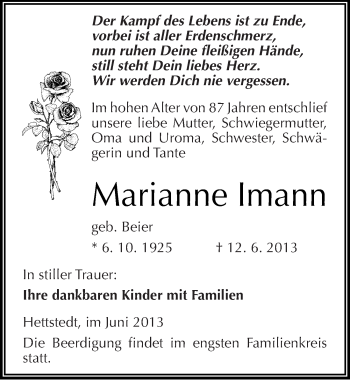 Traueranzeige von Marianne Imann von Mitteldeutsche Zeitung Aschersleben