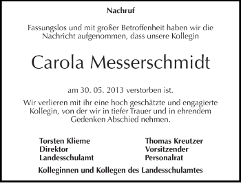 Traueranzeige von Carola Messerschmidt von Mitteldeutsche Zeitung Halle/Saalkreis