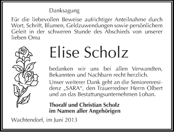 Traueranzeige von Elise Scholz von Mitteldeutsche Zeitung Bitterfeld