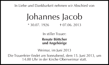 Traueranzeige von Johannes Jacob von Mitteldeutsche Zeitung Naumburg/Nebra