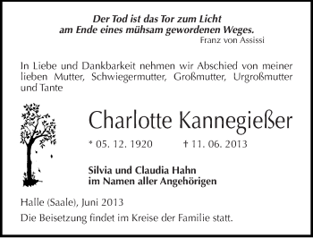Traueranzeige von Charlotte Kannegießer von Mitteldeutsche Zeitung Aschersleben