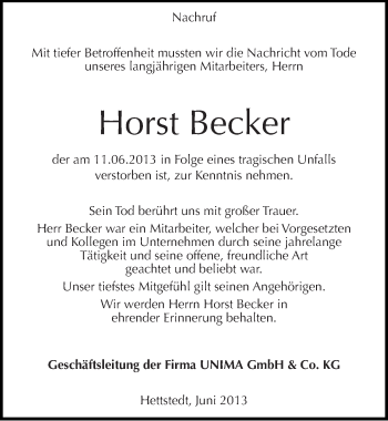 Traueranzeige von Horst Becker von Mitteldeutsche Zeitung Aschersleben