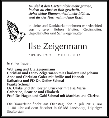 Traueranzeige von Ilse Zeigermann von Mitteldeutsche Zeitung Halle/Saalkreis