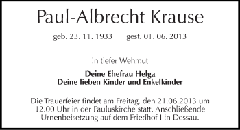 Traueranzeige von Paul-Albrecht Krause von Mitteldeutsche Zeitung Dessau-Roßlau
