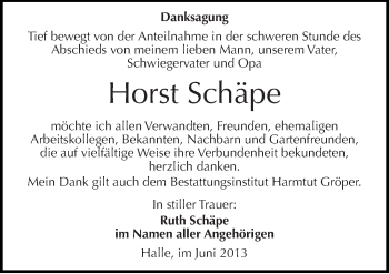 Traueranzeige von Horst Schäpe von Mitteldeutsche Zeitung Halle/Saalkreis