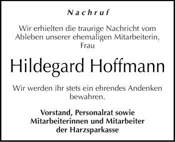 Traueranzeige von Hildegard Hoffmann von Mitteldeutsche Zeitung Quedlinburg