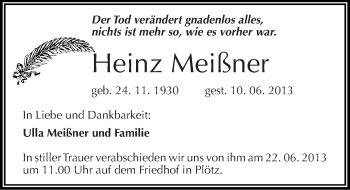 Traueranzeige von Heinz Meißner von Mitteldeutsche Zeitung Halle/Saalkreis