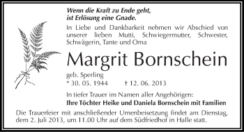 Traueranzeige von Margrit Bornschein von Mitteldeutsche Zeitung Halle/Saalkreis