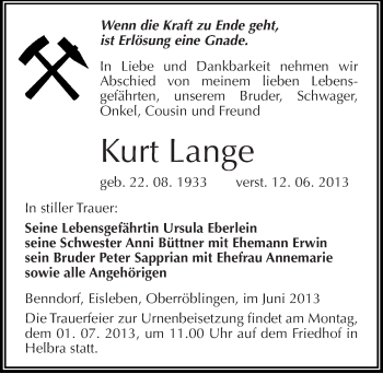 Traueranzeige von Kurt Lange von Mitteldeutsche Zeitung Aschersleben