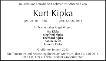 Traueranzeige von Kurt Kipka von Mitteldeutsche Zeitung Aschersleben