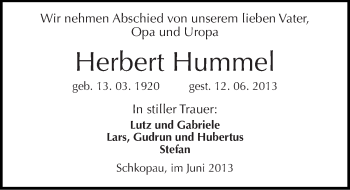 Traueranzeige von Herbert Hummel von Mitteldeutsche Zeitung
