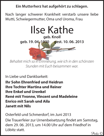 Traueranzeige von Ilse Kathe von Mitteldeutsche Zeitung