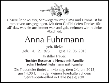 Traueranzeige von Anna Fuhrmann von Mitteldeutsche Zeitung Aschersleben