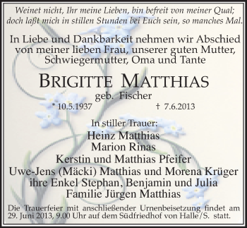 Traueranzeige von Brigitte Matthias von Mitteldeutsche Zeitung Halle/Saalkreis