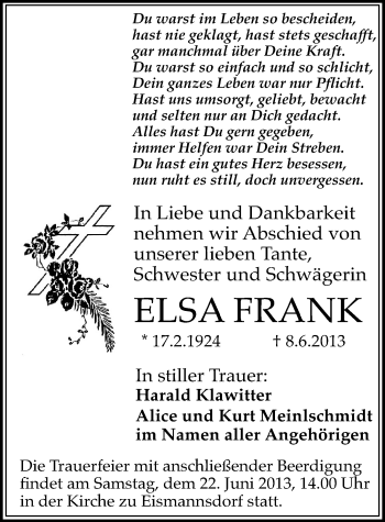 Traueranzeige von Elsa Frank von Mitteldeutsche Zeitung Halle/Saalkreis