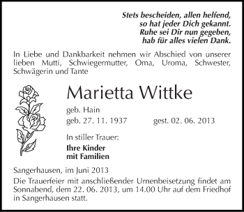 Traueranzeige von Marietta Wittke von Mitteldeutsche Zeitung Sangerhausen