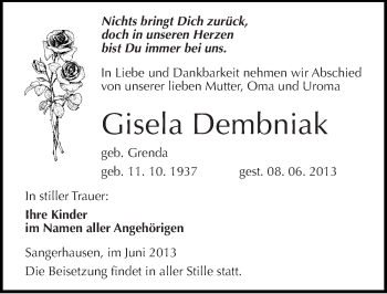 Traueranzeige von Gisela Dembniak von Mitteldeutsche Zeitung Aschersleben