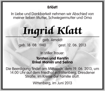 Traueranzeige von Ingrid Klatt von Mitteldeutsche Zeitung Wittenberg