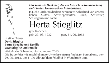Traueranzeige von Herta Stieglitz von Mitteldeutsche Zeitung Sangerhausen