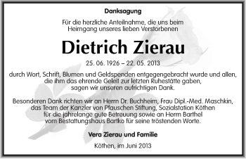 Traueranzeige von Dietrich Zierau von Mitteldeutsche Zeitung Köthen