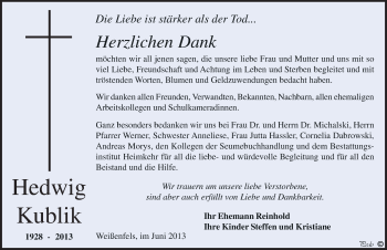 Traueranzeige von Hedwig Kublik von Mitteldeutsche Zeitung Weißenfels